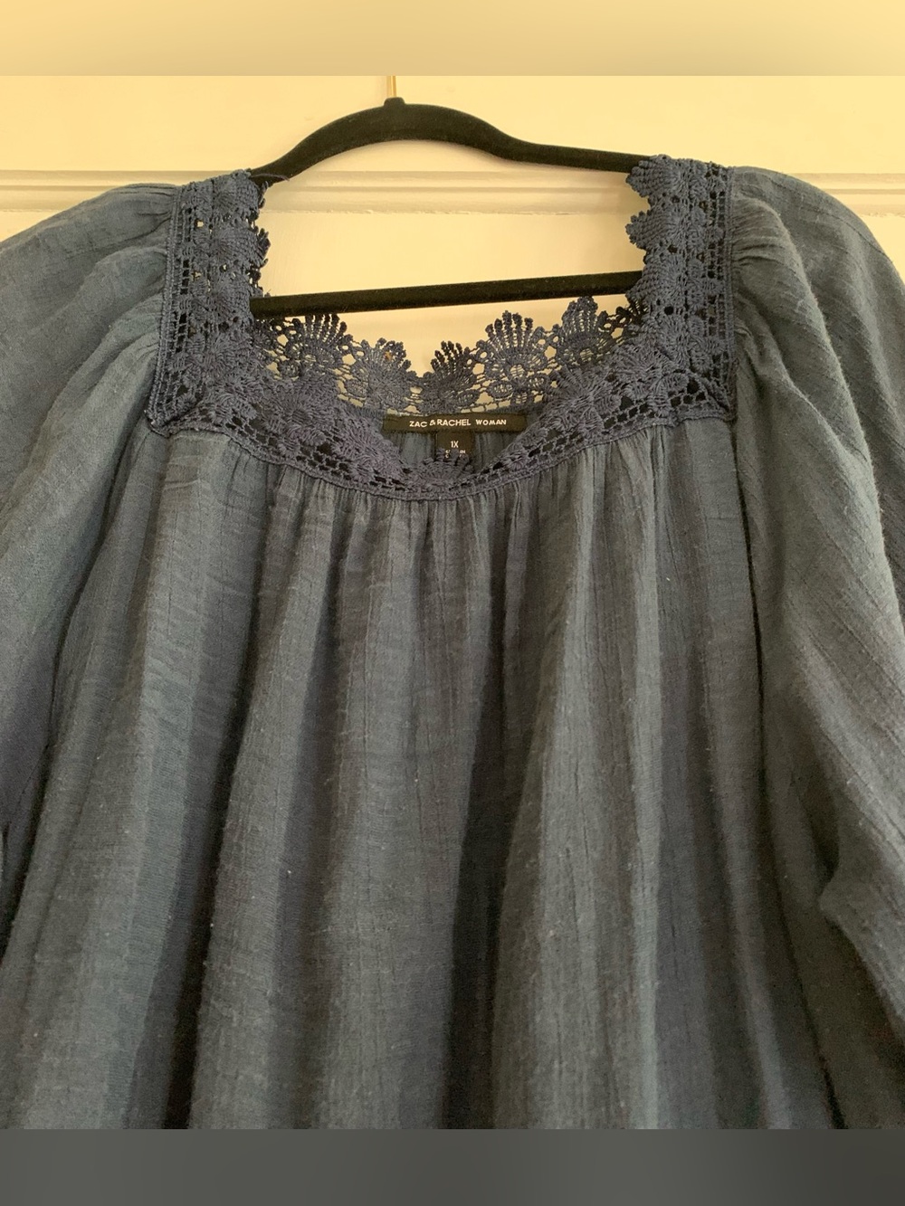 Zac & Rachel Semi Sheer Square Neck Crochet Blue Blouse Bell Sleeves Gypsy Drama - Picture 4 of 13